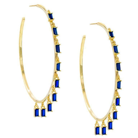 Pave Mini Baugette Dainty Sapphire 1.4" Hoop Earring Embellished with  Crystals in Goldtone