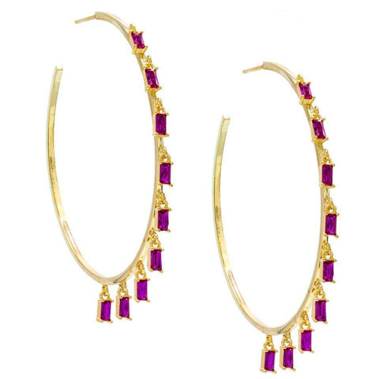 Pave Mini Baugette Dainty Pink Topaz 1.4" Hoop Earring Embellished with  Crystals in Goldtone