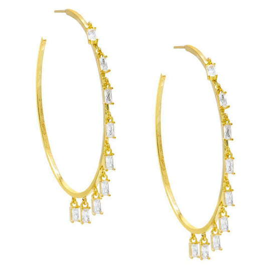 Pave Mini Baugette Dainty White Topaz 1.4" Hoop Earring Embellished with  Crystals in Goldtone