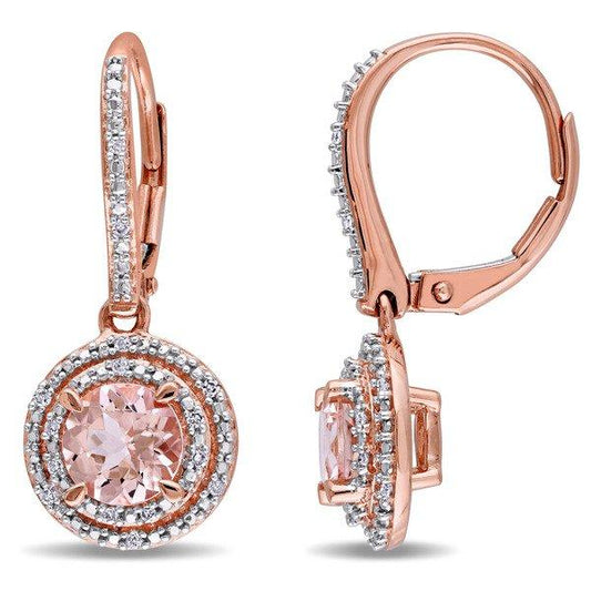 Created Morganite Sleek Leverback Earrings in 14K Rose Gold Tone  ITALY Design