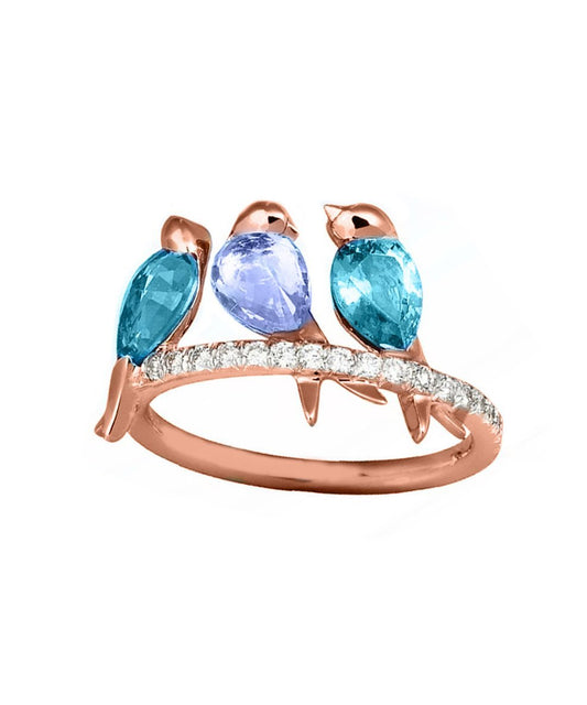Three Little Birdys With Luxe Crystals Blue in Rosegoldtone ITALY Design