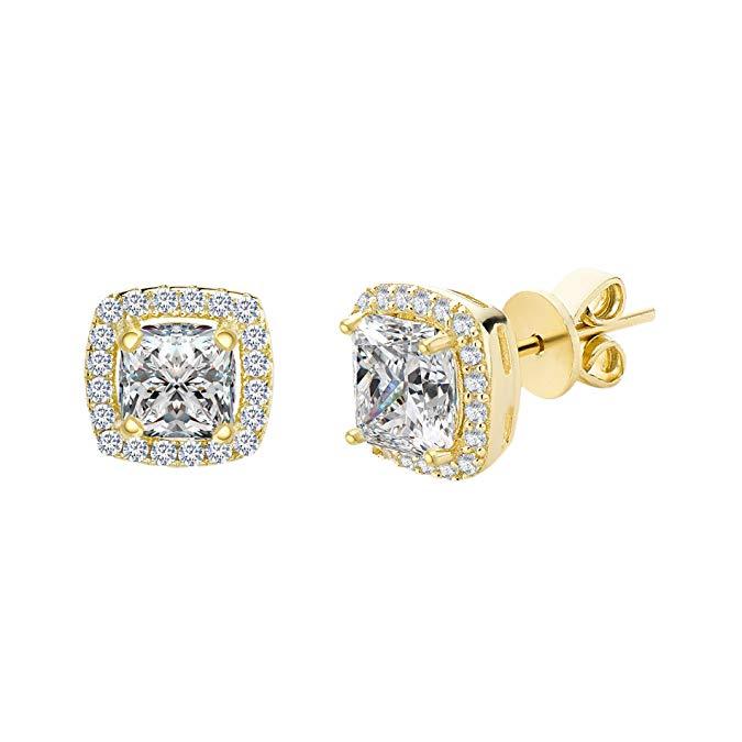 Princess Cut Halo Stud Earrings in 14K White Gold Tone  Made with  Crystals