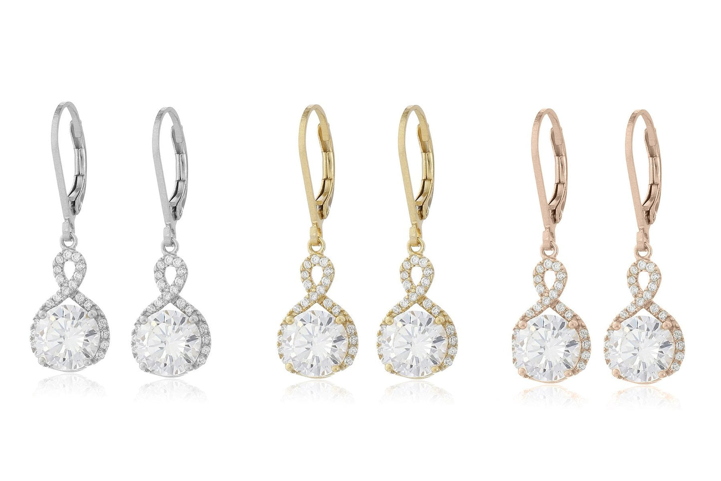 Infinity Crystal Drop Earrings Made with Swarovski Crystal in White Gold, Yellow Gold, and Rose Gold - Riakoob Jewelry www.goldennycjewelry.com fashion jewelry for women