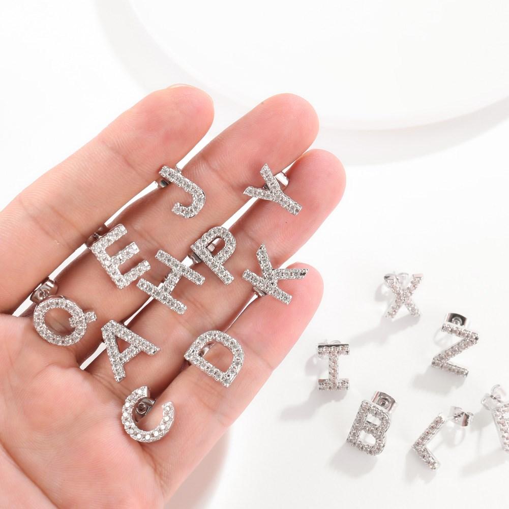 Crystals Pave Letter Stud Monogram Initial Earrings in Silvertone Filled