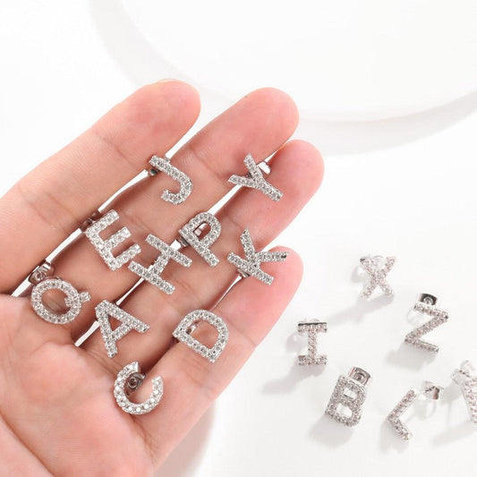 Crystals Pave Letter Stud Monogram Initial Earrings in Silvertone Filled