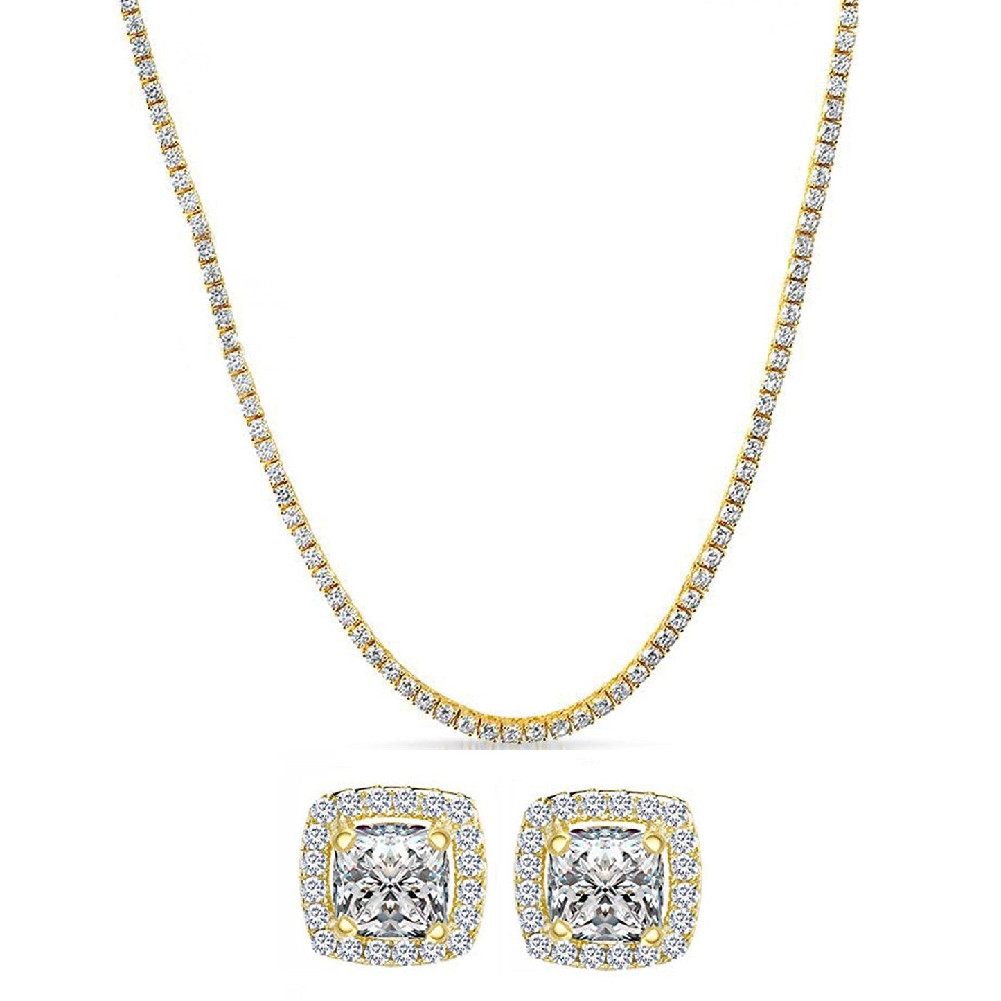 Tennis Necklace and Princess Halo Earring Set with Luxe Gift Box - Goldtone ITALY Design
