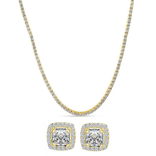 Tennis Necklace and Princess Halo Earring Set with Luxe Gift Box - Goldtone ITALY Design