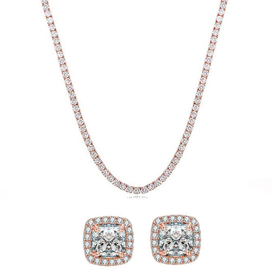 Tennis Necklace and Princess Halo Earring Set with Luxe Gift Box - RoseGoldtone Gold ITALY Design