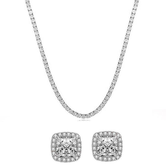 Swarovski Elements Tennis Necklace and Princess Halo Earring Set in Gold Tone  - 3 Options Available ITALY Design