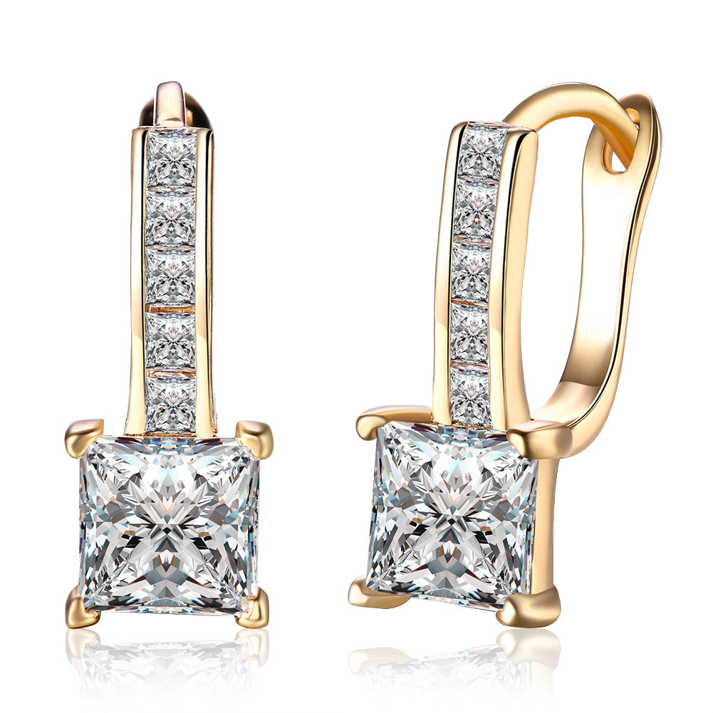 Princess Cut Square Huggie Earring in Goldtone with  Crystals
