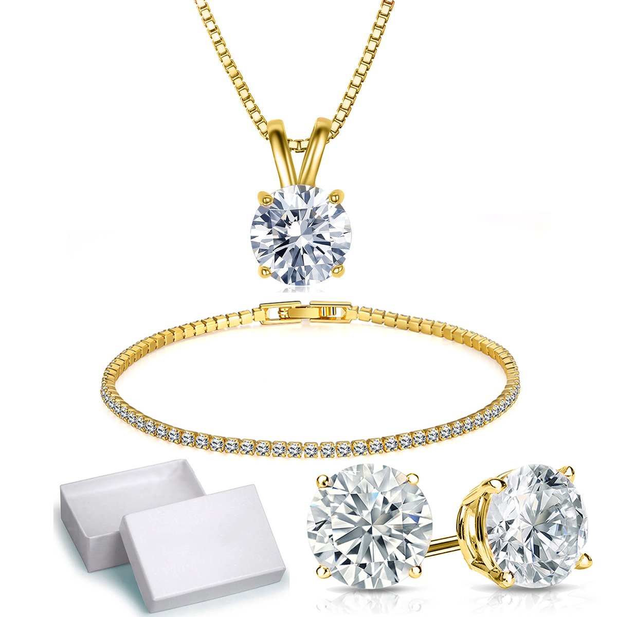 Solitaire Necklace and 4 Prong Earring made With Luxe Crystals with Gift Box - 3 Options Available ITALY Design