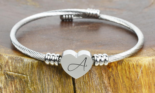 SOLID STAINLESS-STEEL HEART INITIAL CABLE BANGLE - ALL LETTERS ITALY Design
