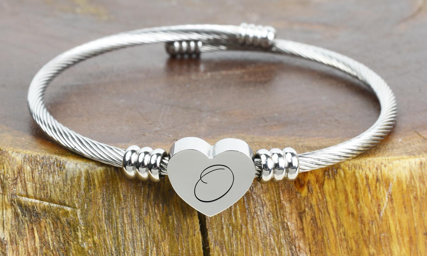 SOLID STAINLESS-STEEL HEART INITIAL CABLE BANGLE - ALL LETTERS ITALY Design
