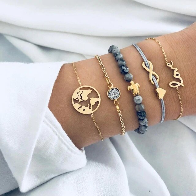 Goldtone Tone  Save Our Ocean with Love & Peace Bracelet Set
