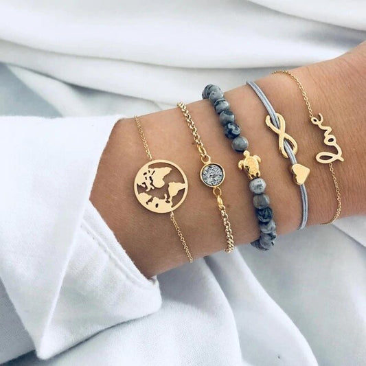 Goldtone Tone  Save Our Ocean with Love & Peace Bracelet Set