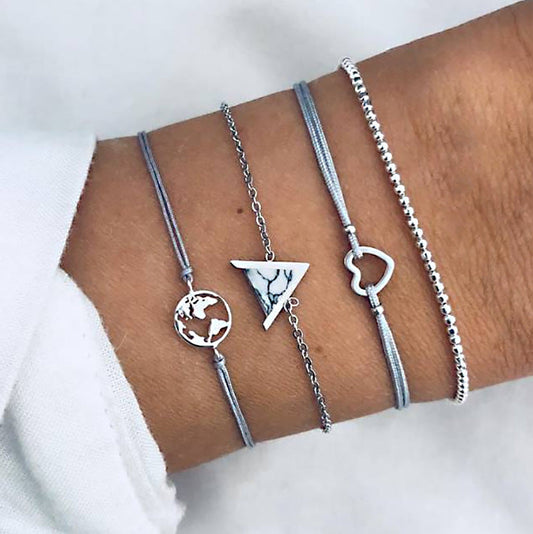 14K White Gold Tone  White Marble Triangular Bracelet Set