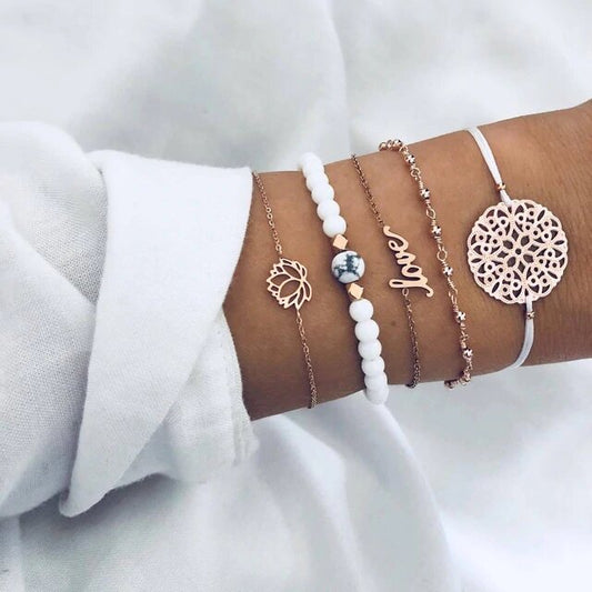 14K Rose Gold Tone  Celestial Filigree White Marble Stretch 5 Piece Bracelet
