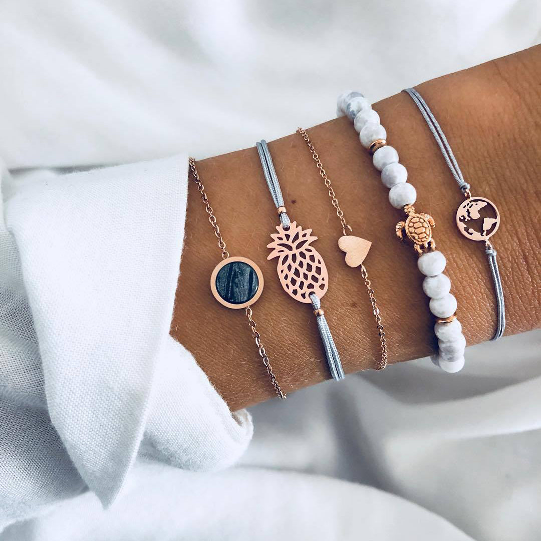 Celestial Marble Crystals and Gemstone 5 Piece Bracelet Set - 25+ Styles Available