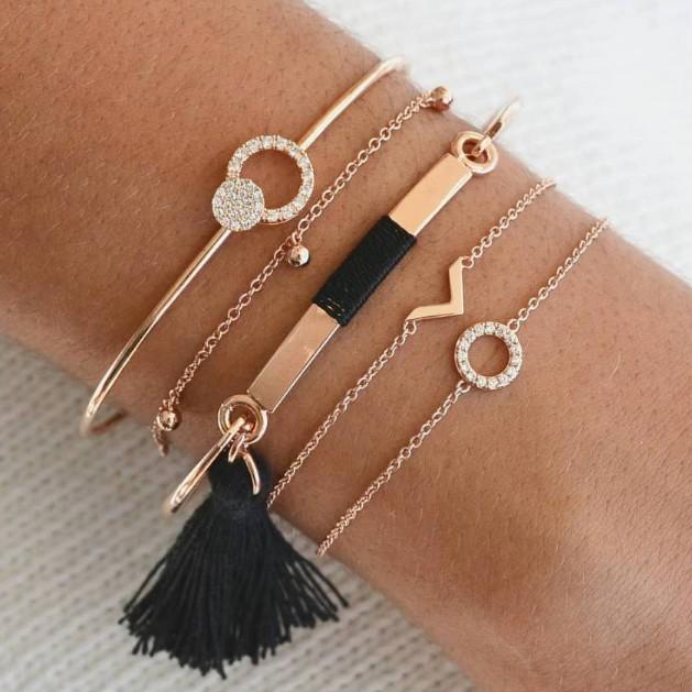 Black Tassel Pav'e 5 Piece Bracelet Set ITALY Design