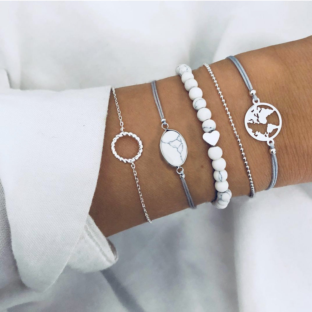 Celestial Marble Crystals and Gemstone 5 Piece Bracelet Set - 25+ Styles Available