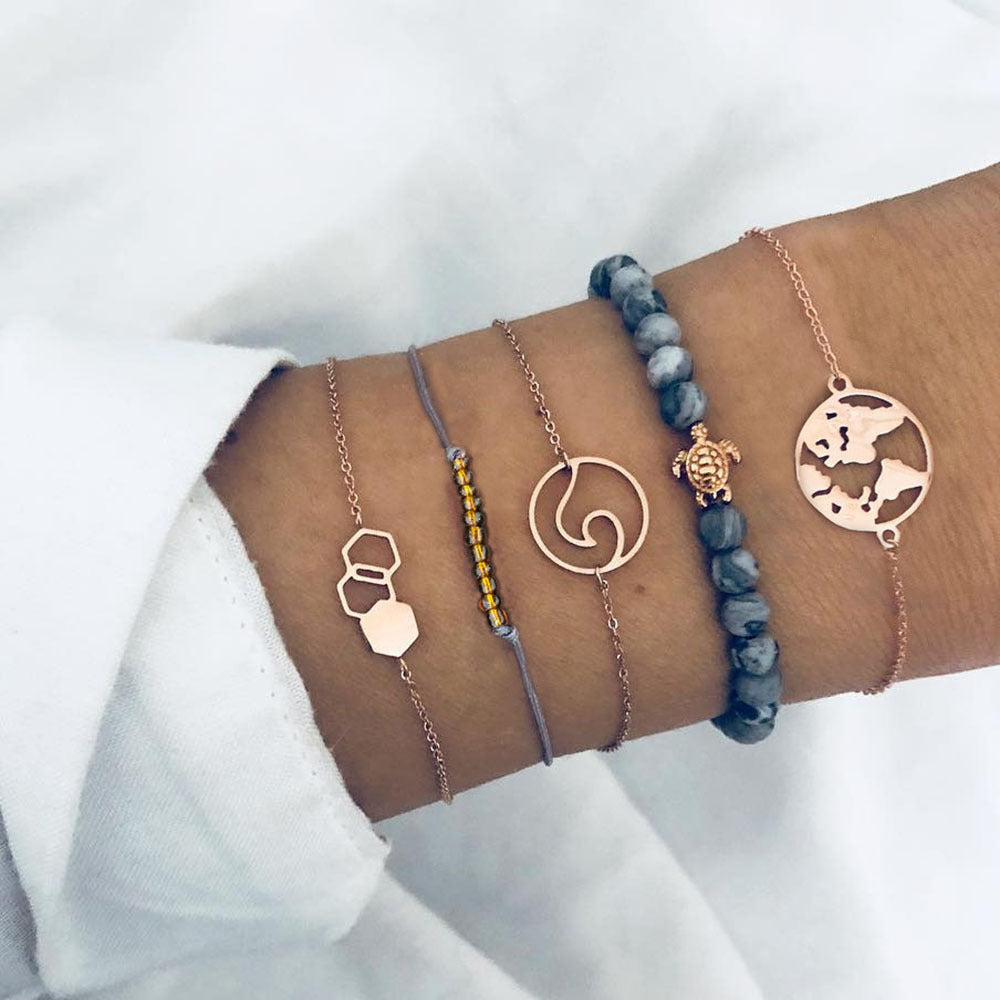 Celestial Marble Crystals and Gemstone 5 Piece Bracelet Set - 25+ Styles Available