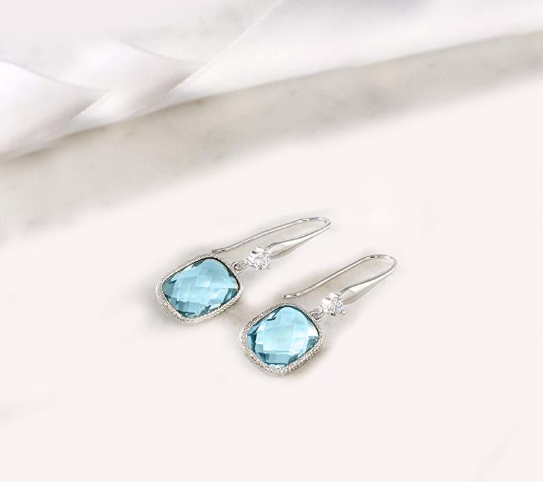 London Blue Topaz Emerald Cut Dangling Silver Tone  Earrings ITALY Design