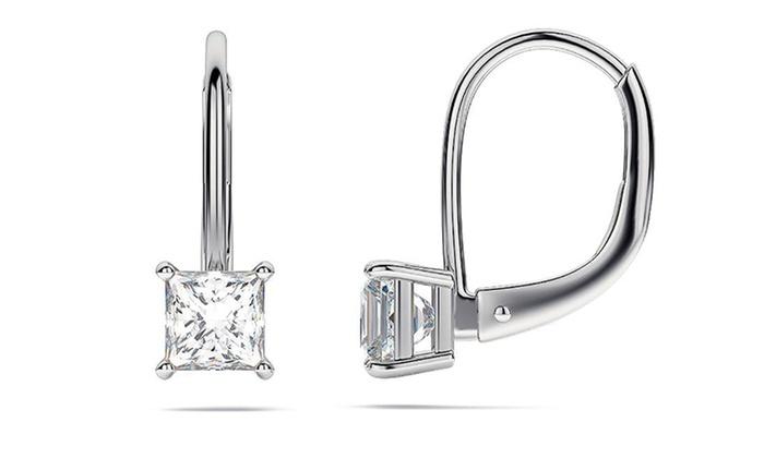 Princess Cut  Elements Simple Leverback Earrings in 14K White Gold