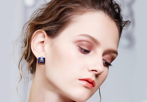 Black  Square Shaped Studs in 14K White Gold Tone