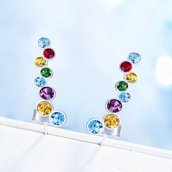 Rainbow  Cluster Crawler Earrings in 14K White Gold