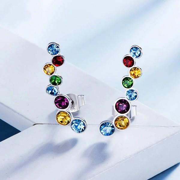 Rainbow  Cluster Crawler Earrings in 14K White Gold