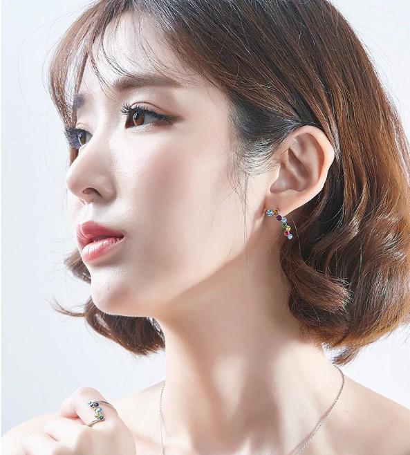 Rainbow  Cluster Crawler Earrings in 14K White Gold