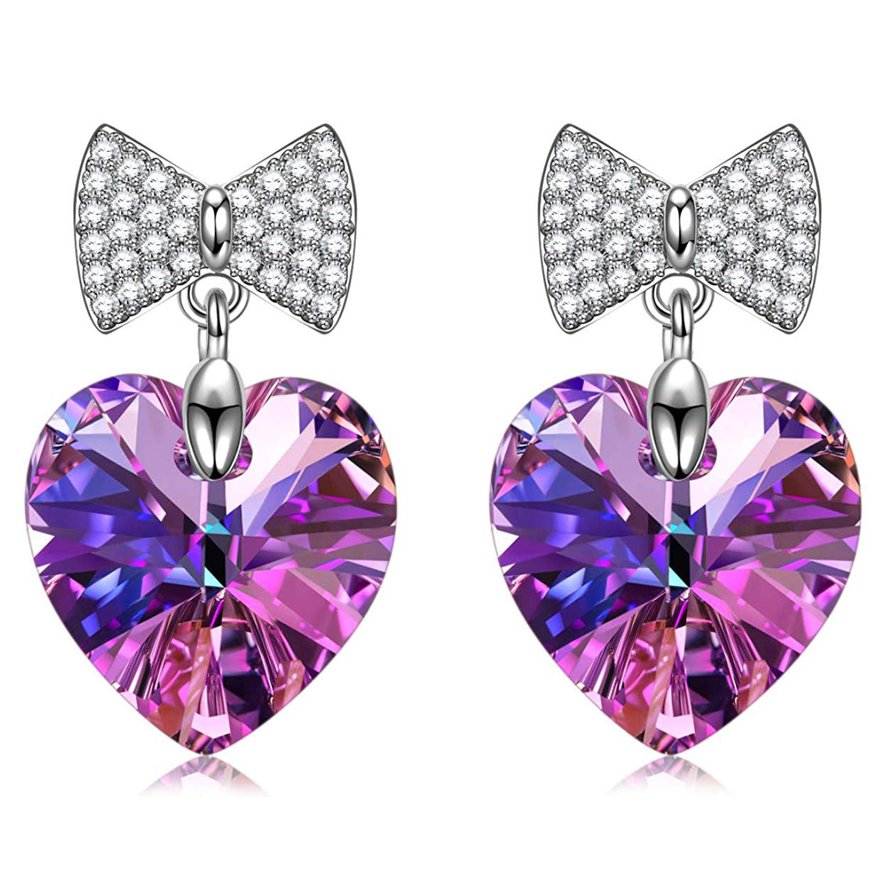 Purple  Elements Heart Shaped Bow-Tie Earrings in 14K White Gold Tone