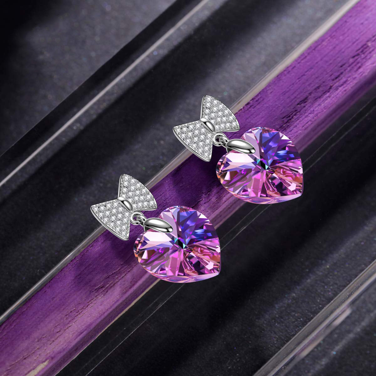 Purple Heart Shaped Bow-Tie Pave Drop Earrings