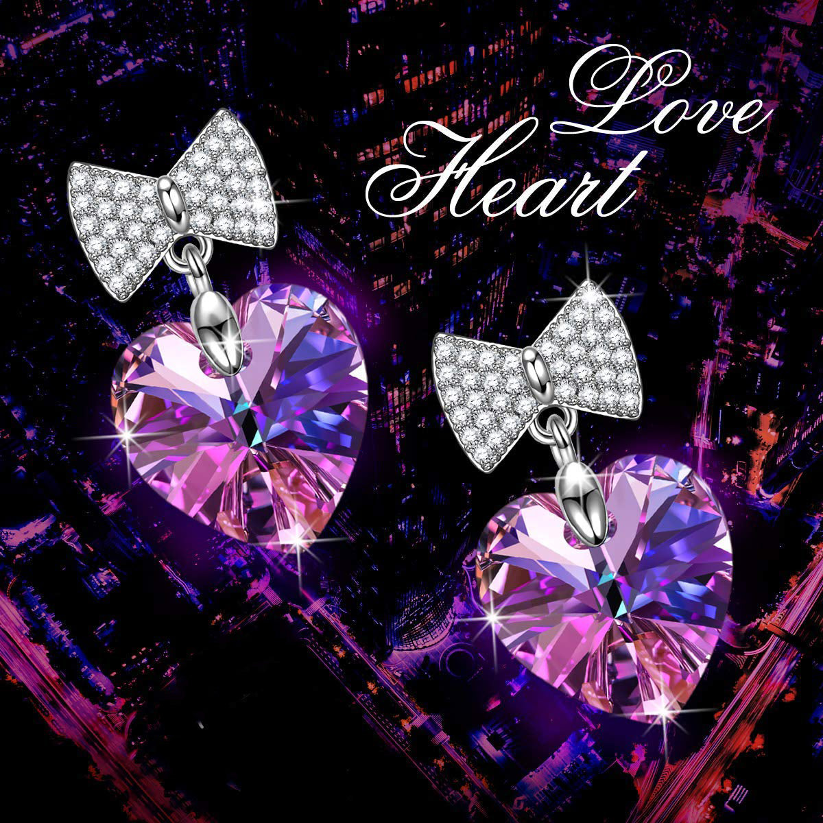 Purple Heart Shaped Bow-Tie Pave Drop Earrings