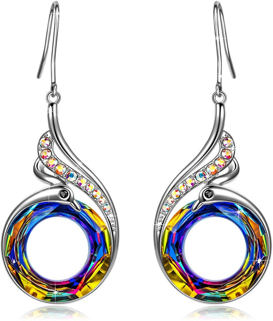 Rainbow  Elements Flaming Phoenix Fire Swirl Drop Earring in 14K White Gold Tone