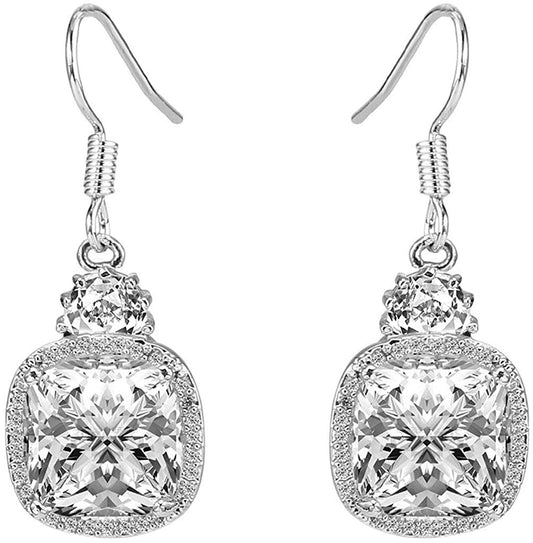 Classic Cushion Crystal Cut Drop Earring in Rhodium Tone