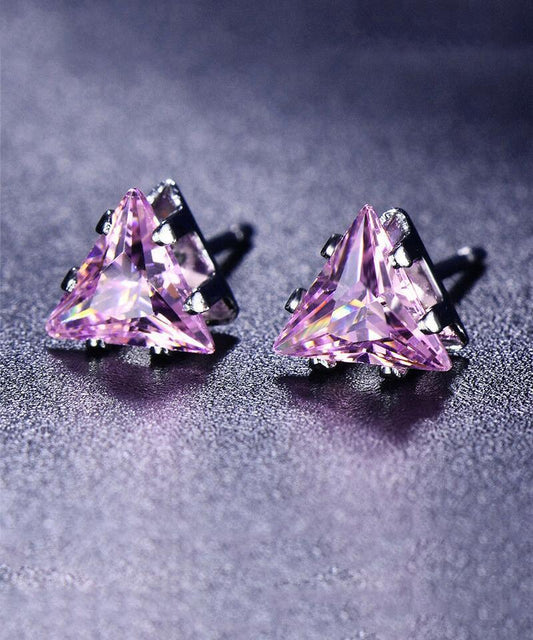 6mm Triangle Stud Earring With Luxe Crystals - Pink Topaz in  Silvertone ITALY Design