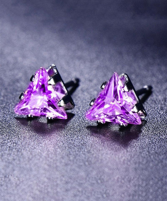 6mm Triangle Stud Earring With Luxe Crystals - Amesthyst in  Silvertone ITALY Design