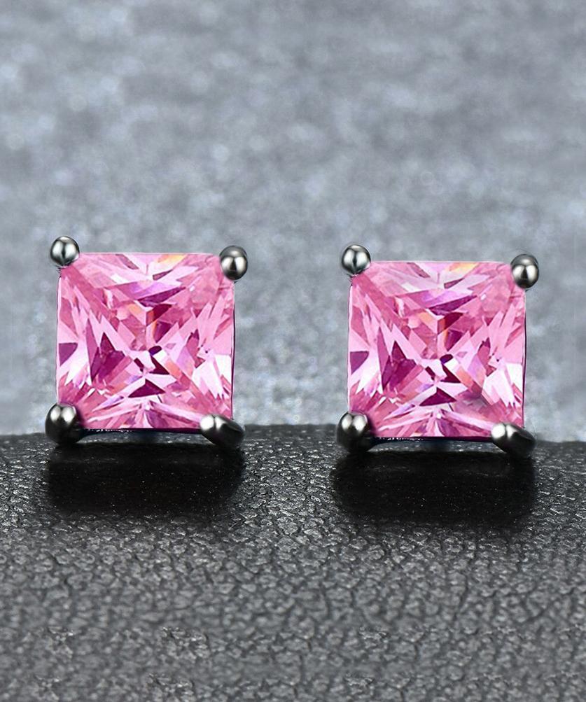 6mm Princess Stud Earring With Luxe Crystals -Pink in  Silvertone ITALY Design