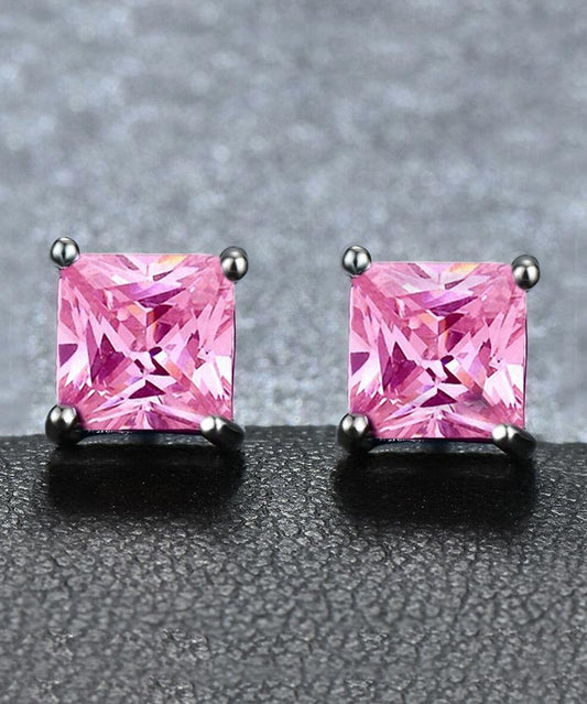 6mm Princess Stud Earring With Luxe Crystals -Pink in  Silvertone ITALY Design