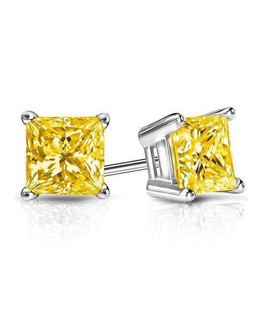 6mm Princess Stud Earring With Luxe Crystals -Yellow in  Silvertone ITALY Design