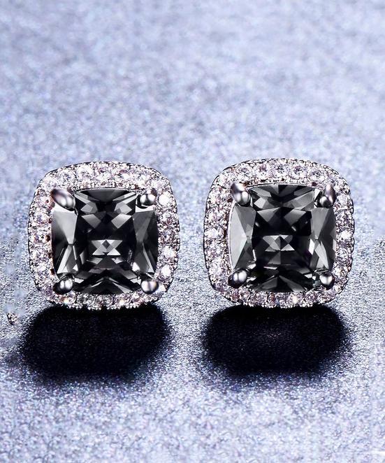 Princess Halo Cut Stud Earring With Luxe Crystals - Black in  Silvertone ITALY Design