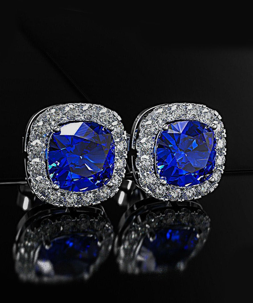 Princess Halo Cut Stud Earring With Luxe Crystals - Blue in  Silvertone ITALY Design