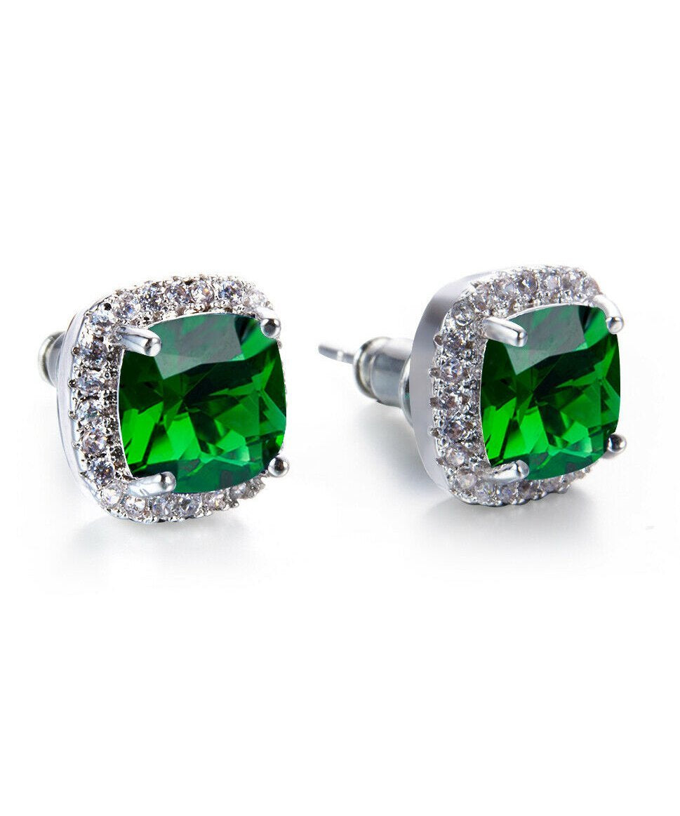 Princess Halo Cut Stud Earring With Luxe Crystals - Green in  Silvertone ITALY Design