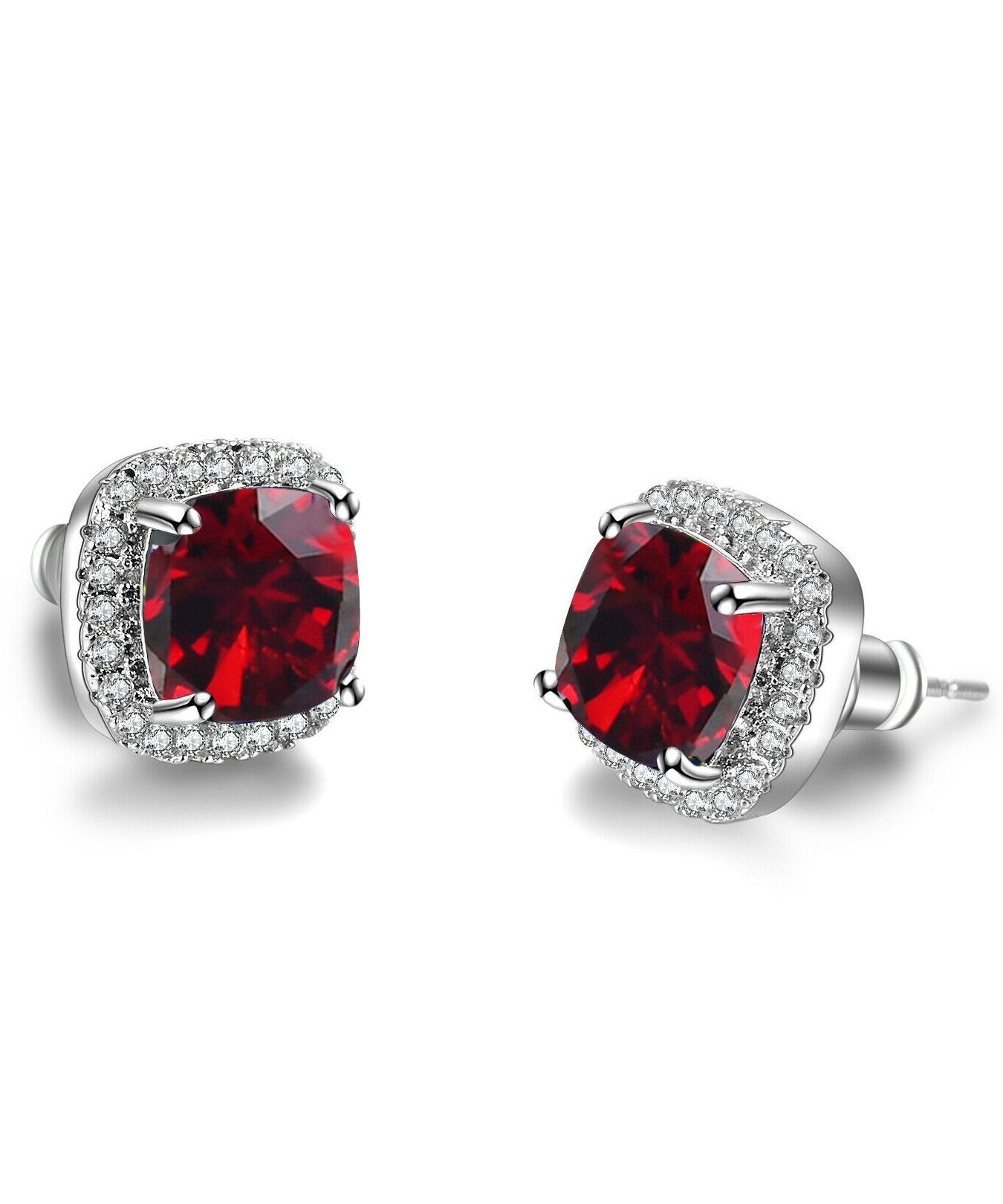 Princess Halo Cut Stud Earring With Luxe Crystals - Red in  Silvertone ITALY Design