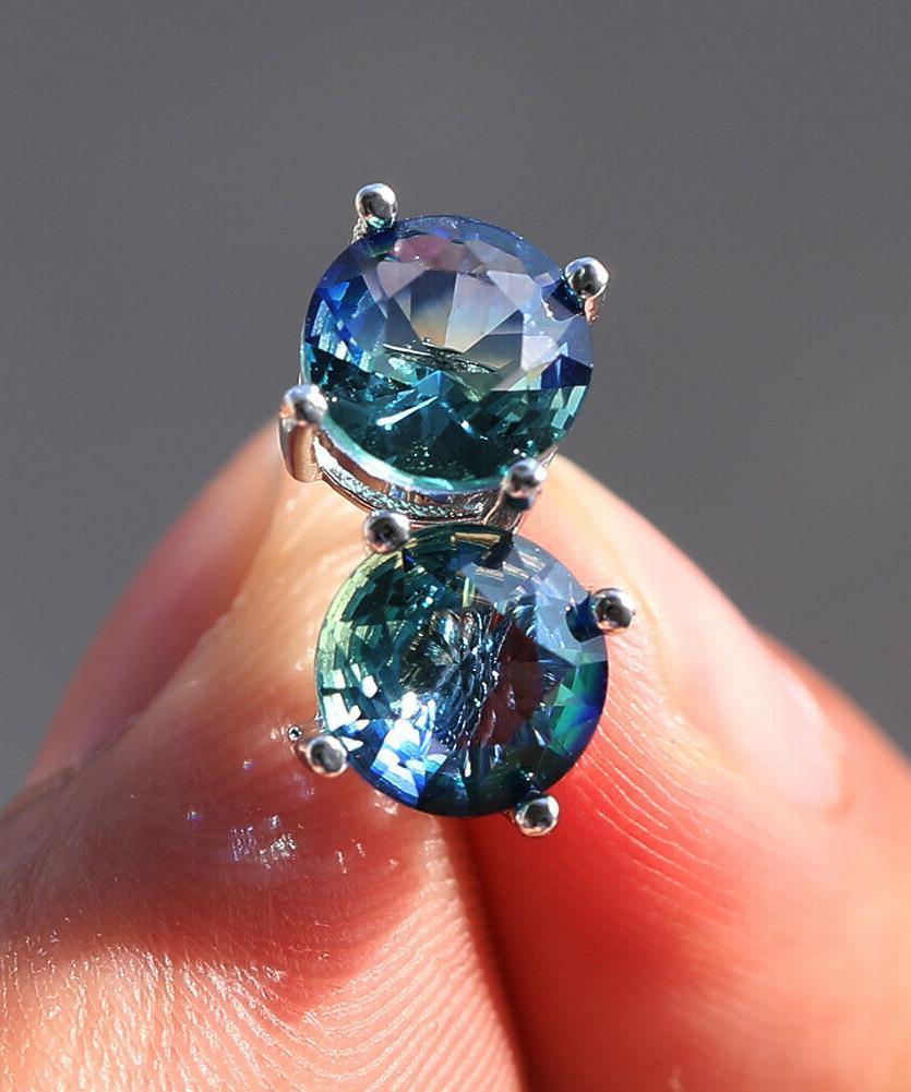 1.25ct Round Cut Aquamarine Stud Earrings Bi Color With Crystals in  Silvertone ITALY Design