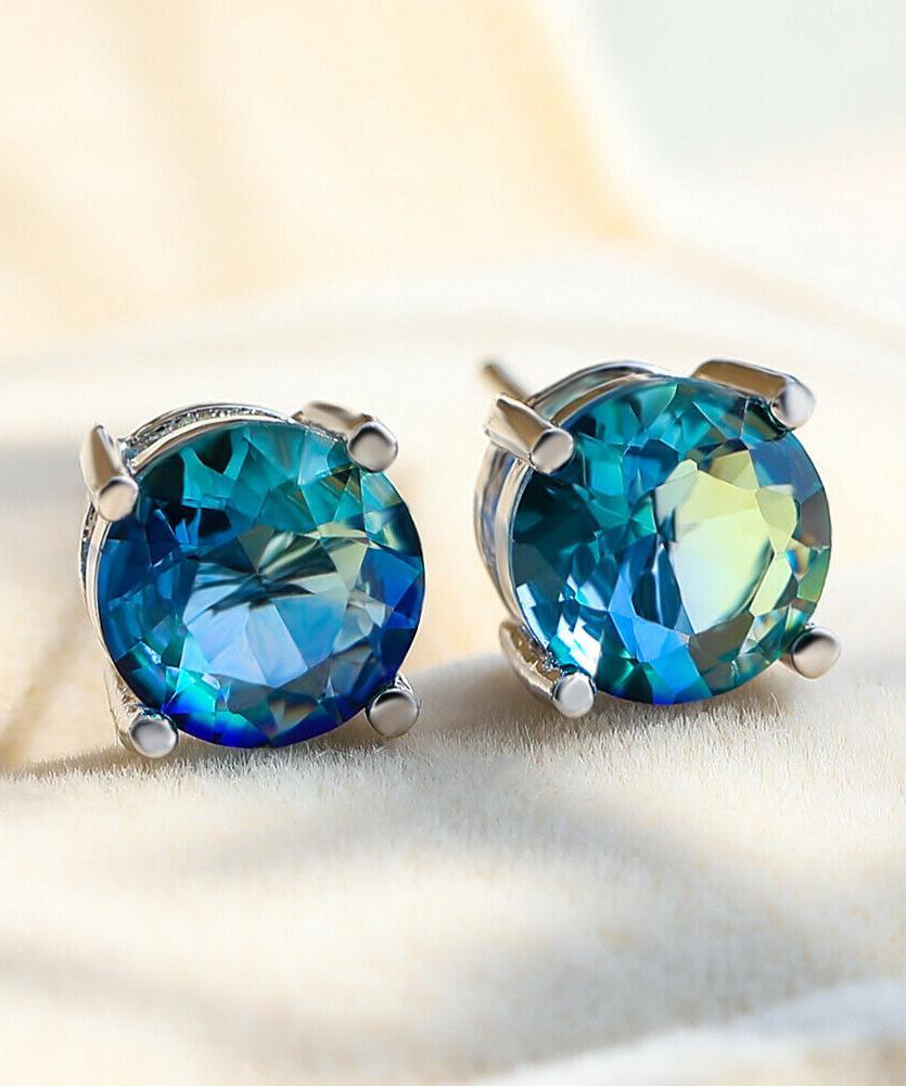 1.25ct Round Cut Aquamarine Stud Earrings Bi Color With Crystals in  Silvertone ITALY Design