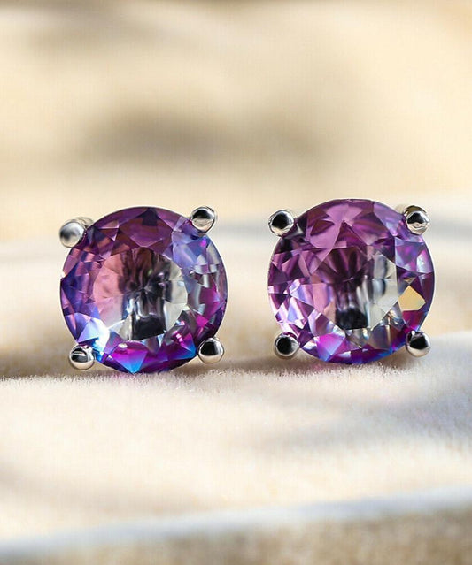1.25ct Round Cut Purple & Pink  Stud Earrings Bi Color With Luxe Crystals in  Silvertone