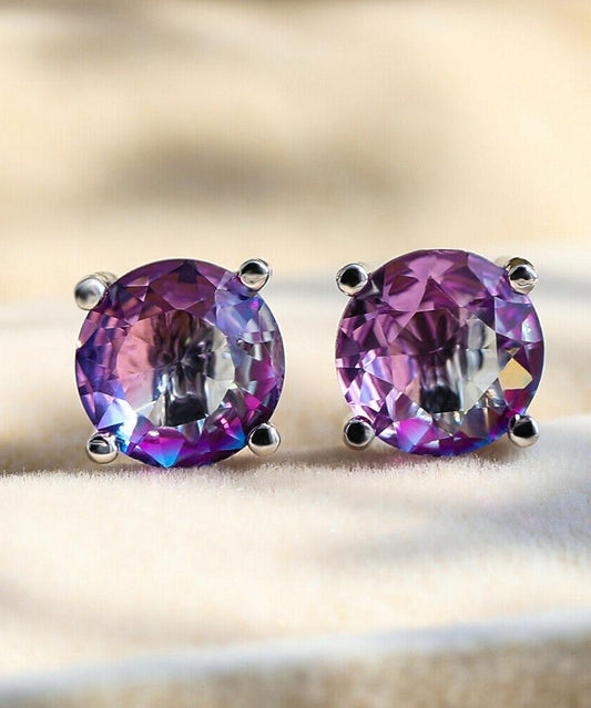 1.25ct Round Cut Purple & Pink  Stud Earrings Bi Color With  Crystals in  Silvertone ITALY Design