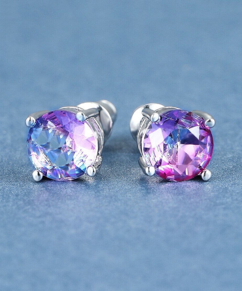 1.25ct Round Cut Purple & Pink  Stud Earrings Bi Color With Luxe Crystals in  Silvertone